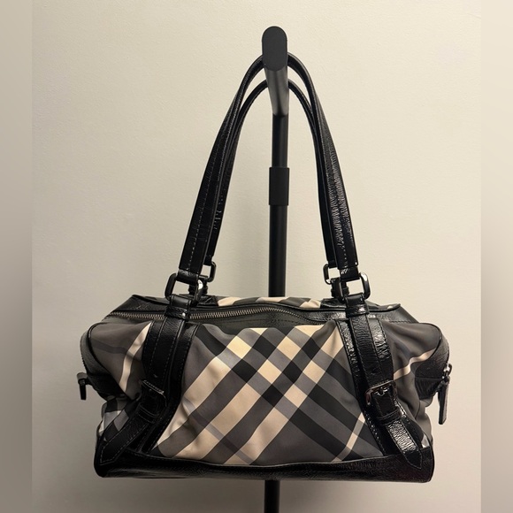 Burberry Black Beat Check Nylon and Patent Leather Buckle Satchel - Picture 2 of 13